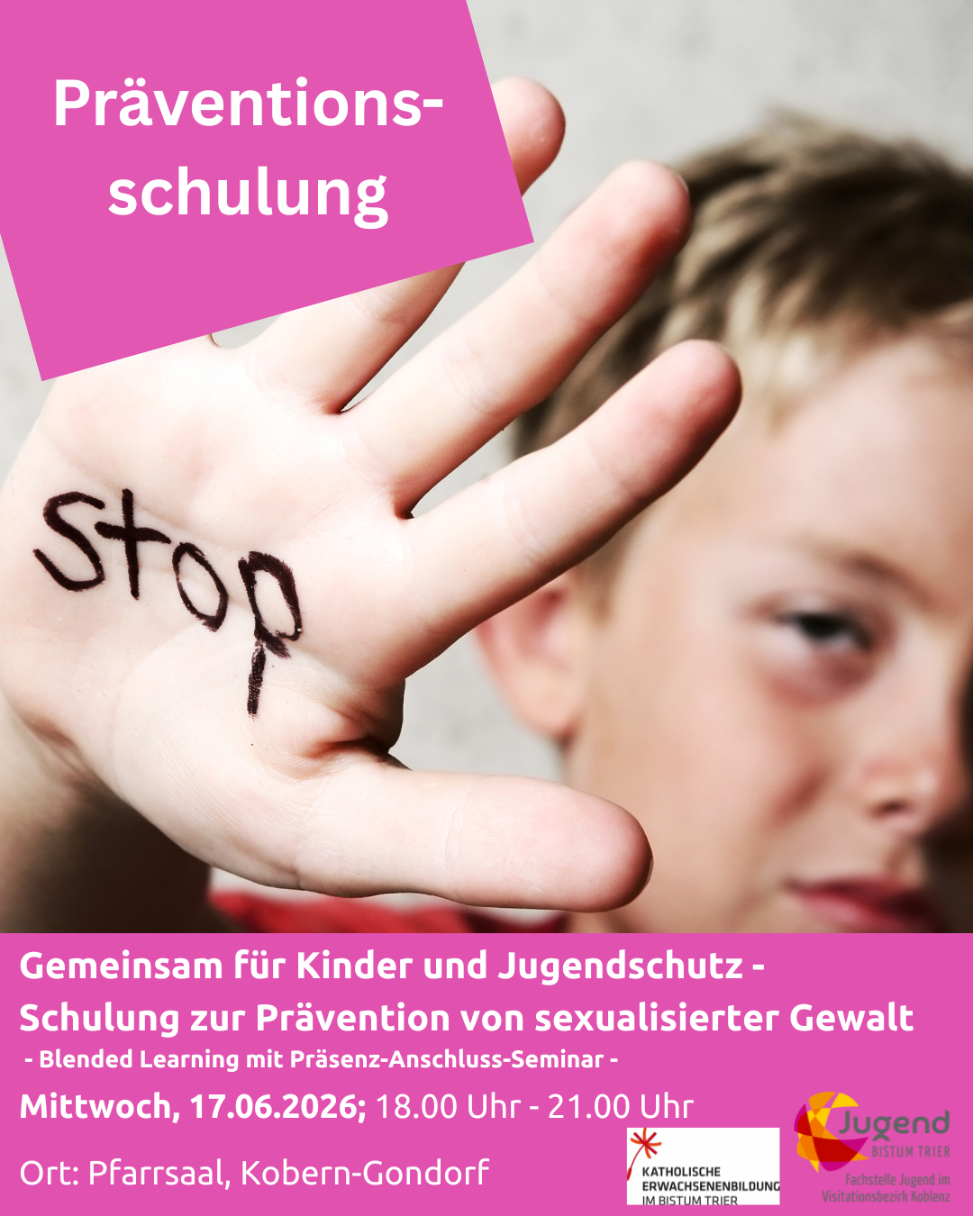 Bild zum Beitrag: Gemeinsam für Kinder- und Jugendschutz - Schulung zur Prävention von sexualisierter Gewalt (1/06) | 17.06.2026 18:00 - 17.06.2026 21:00 | (ID: 694)