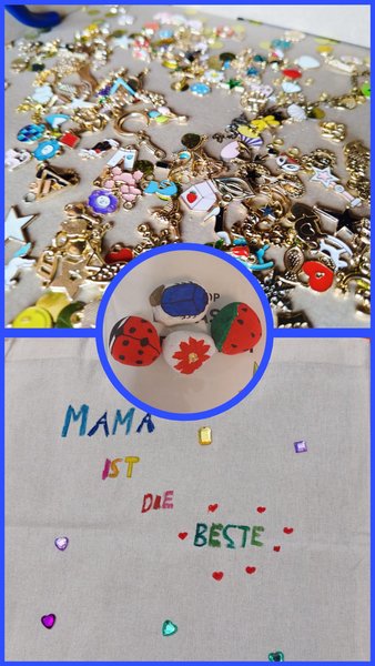 verschiedene Bilder mit bunten Glitzersteinen, verschiedenen Armbändern, bemalten Steinen in einer Collage mit blauem Rand