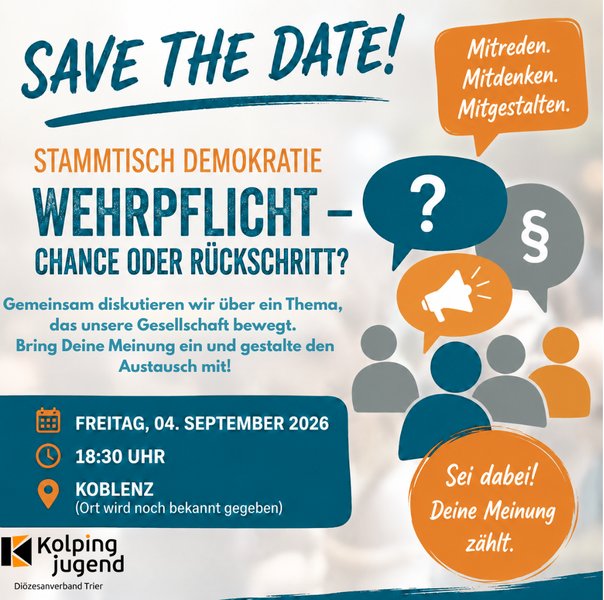 Titelbild zur Veranstaltung Demokratiestammtisch der Kolpingjugend in Koblenz