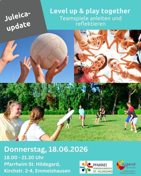 Hände um einen Ball, Menschen, die mit ihren einen Stern formen, Jugendliche die auf der Wiese spielen