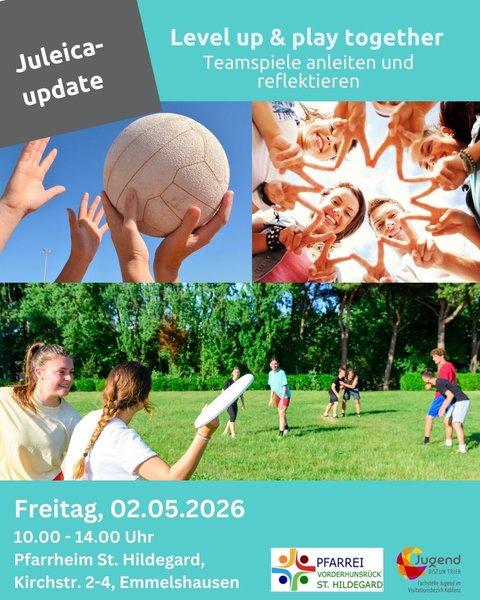 Hände um einen Ball, Menschen, die mit ihren einen Stern formen, Jugendliche die auf der Wiese spielen