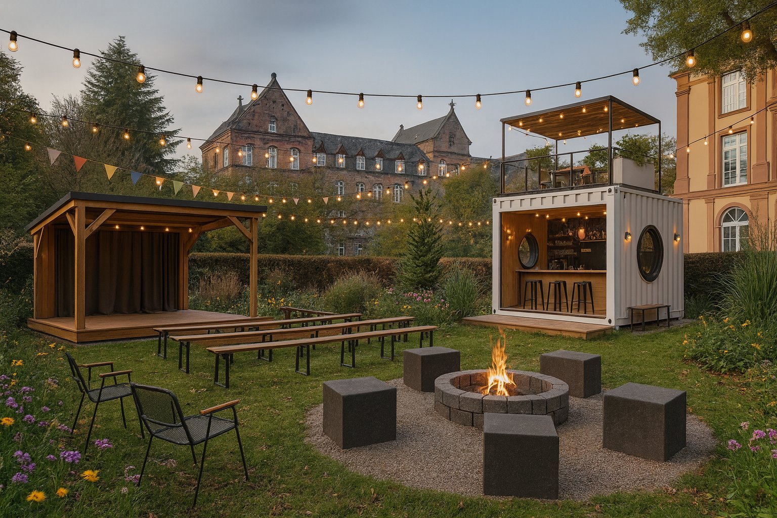 Garten des Jugend- und Gästehauses mit einer Feuerstelle, einem Unterstand und einem Café-Container